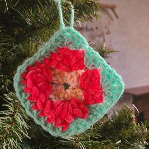 Handmade Crochet Ornament Maximalist Teal Hot Pink & Salmon Confetti